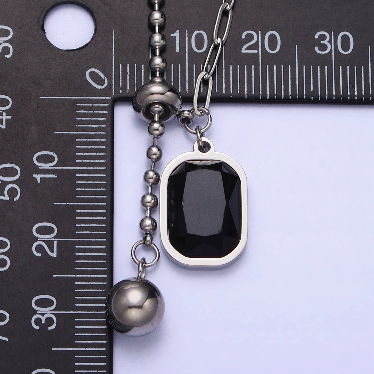 Stainless Steel Black Pendant Double Bead & Paperclip Chain Link 17 Inch Necklace in Gold & Silver | WA-1634 WA-1635 Clearance Pricing