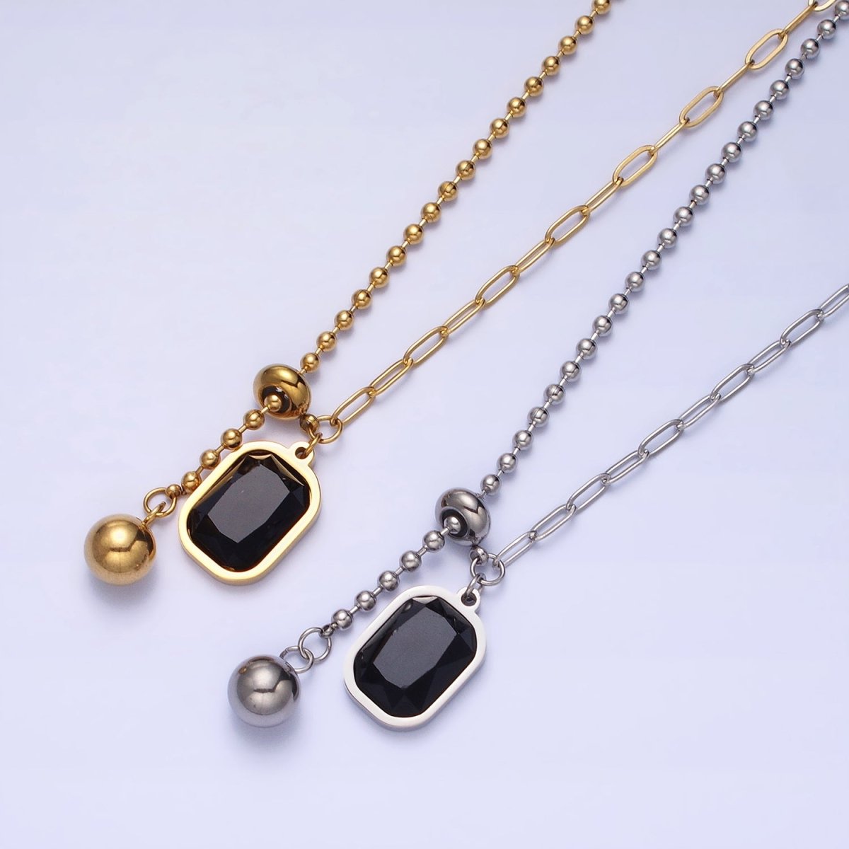 Stainless Steel Black Pendant Double Bead & Paperclip Chain Link 17 Inch Necklace in Gold & Silver | WA-1634 WA-1635 Clearance Pricing