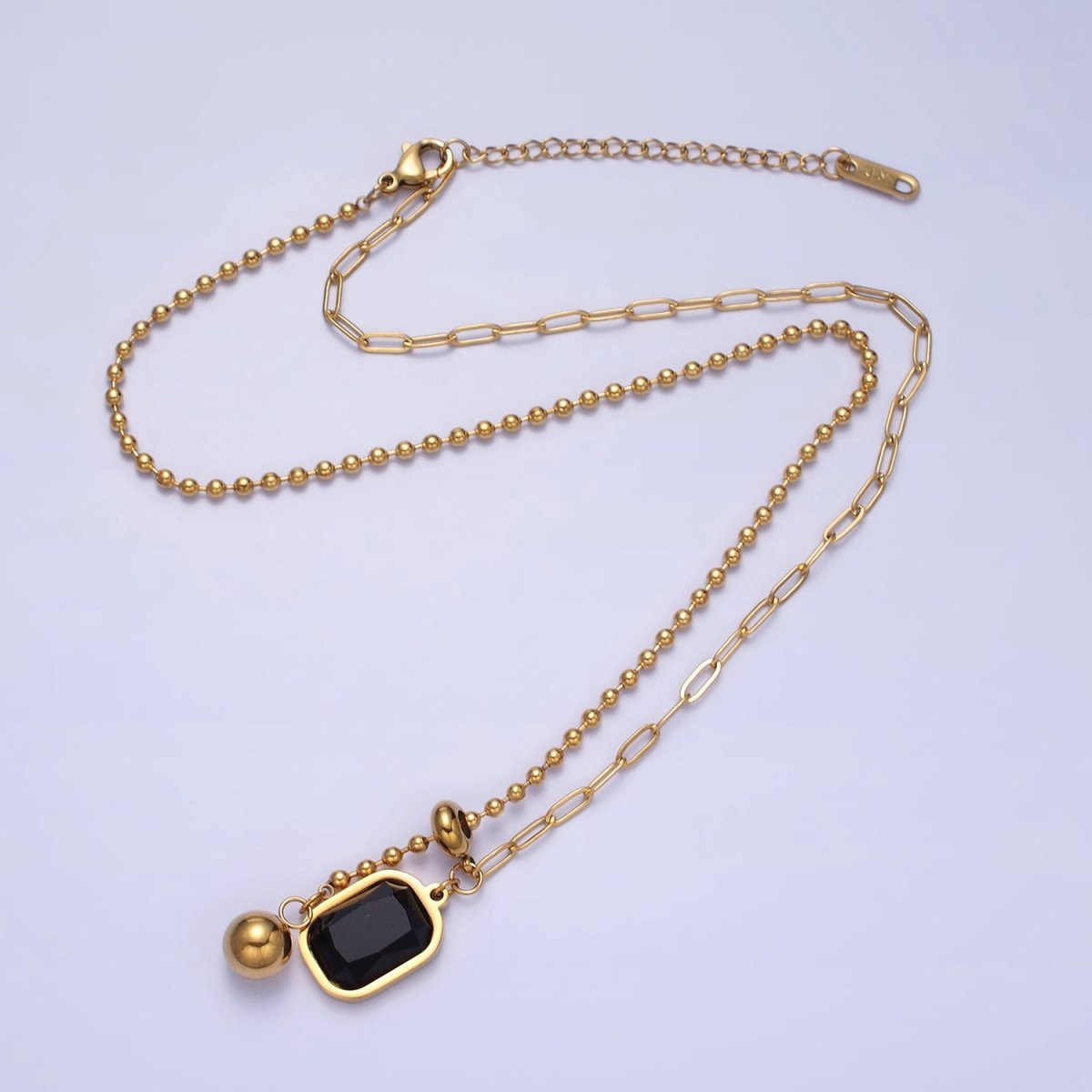 Stainless Steel Black Pendant Double Bead & Paperclip Chain Link 17 Inch Necklace in Gold & Silver | WA-1634 WA-1635 Clearance Pricing
