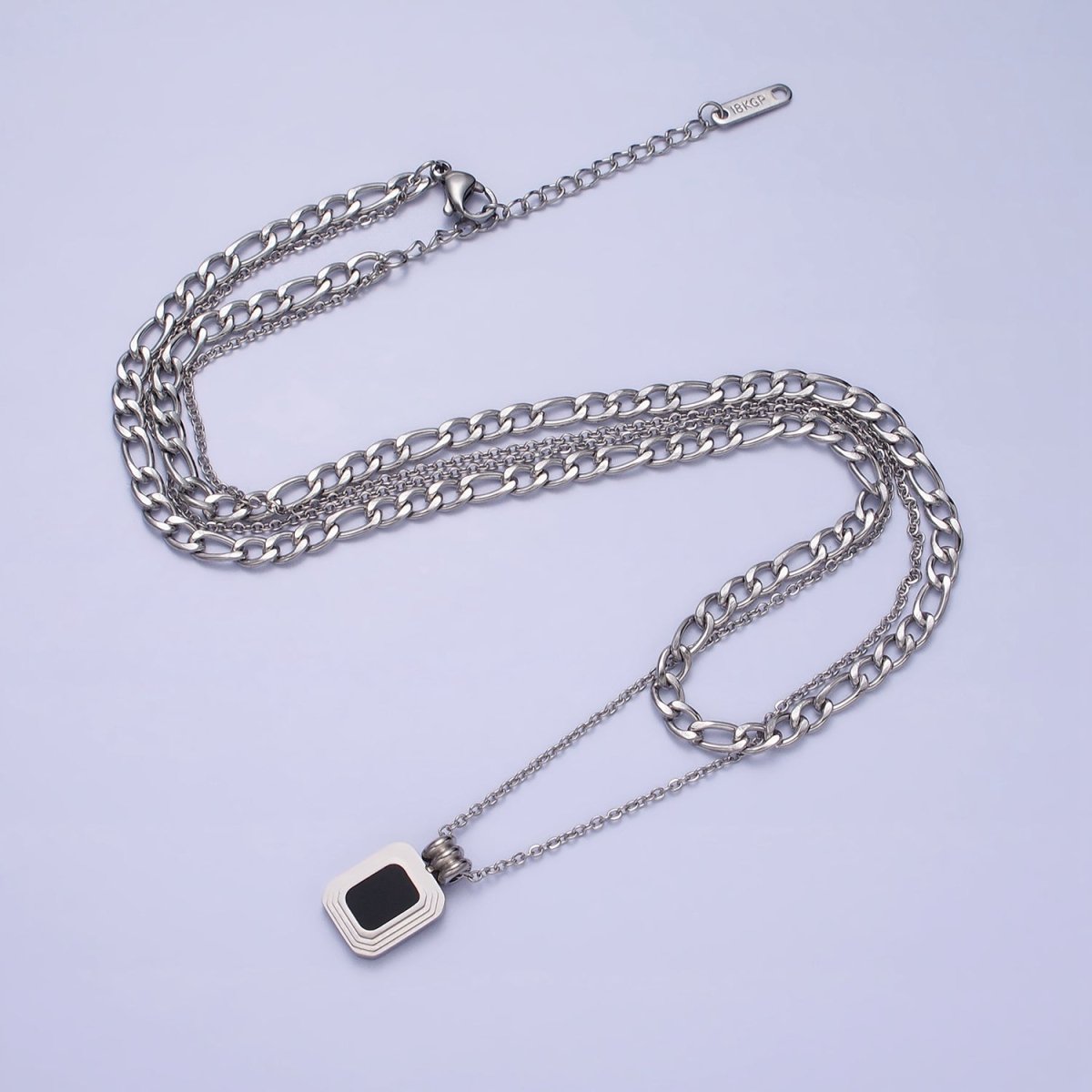 Stainless Steel Black Pendant Figaro & Rolo Chain Double Layer Necklace in Gold & Silver | WA-1632 WA-1633 Clearance Pricing