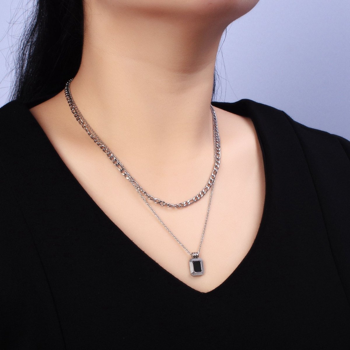 Stainless Steel Black Pendant Figaro & Rolo Chain Double Layer Necklace in Gold & Silver | WA-1632 WA-1633 Clearance Pricing