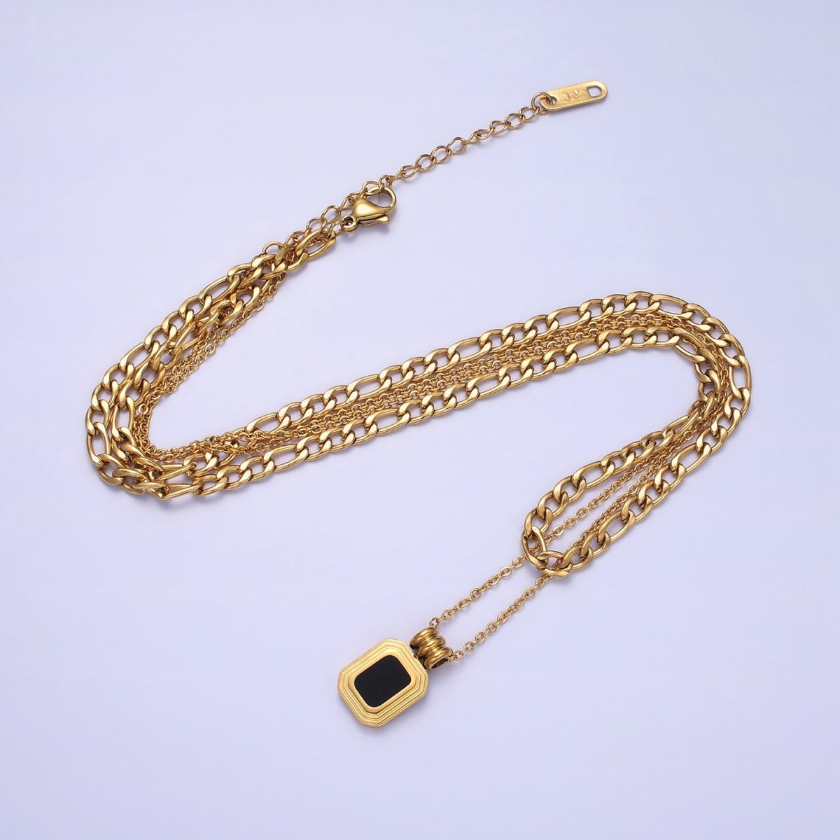 Stainless Steel Black Pendant Figaro & Rolo Chain Double Layer Necklace in Gold & Silver | WA-1632 WA-1633 Clearance Pricing