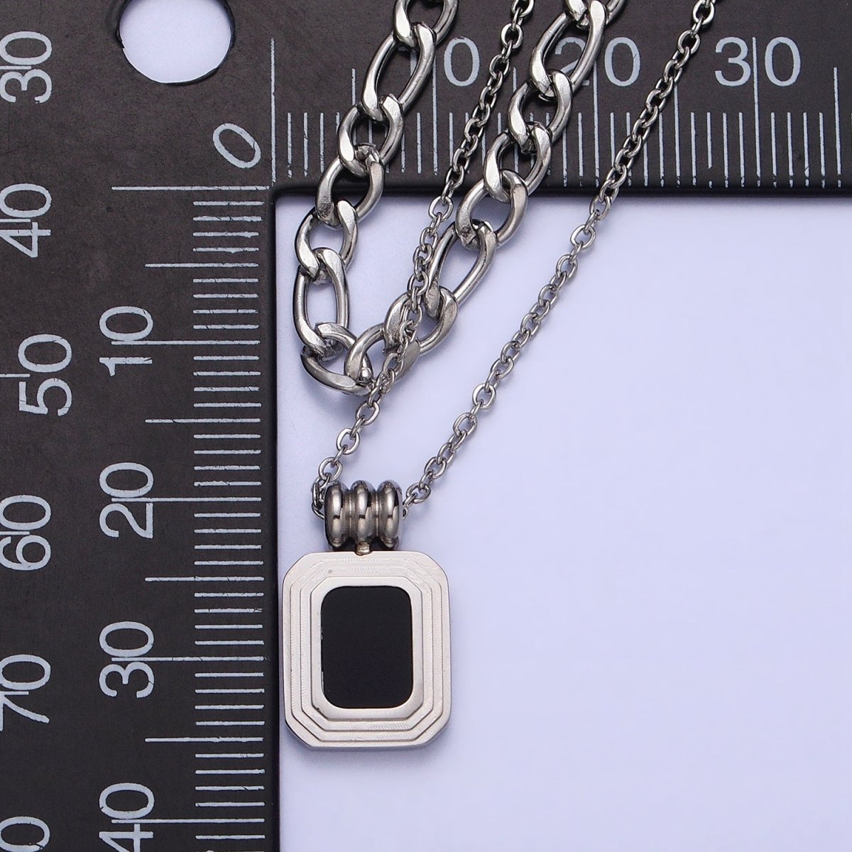 Stainless Steel Black Pendant Figaro & Rolo Chain Double Layer Necklace in Gold & Silver | WA-1632 WA-1633 Clearance Pricing