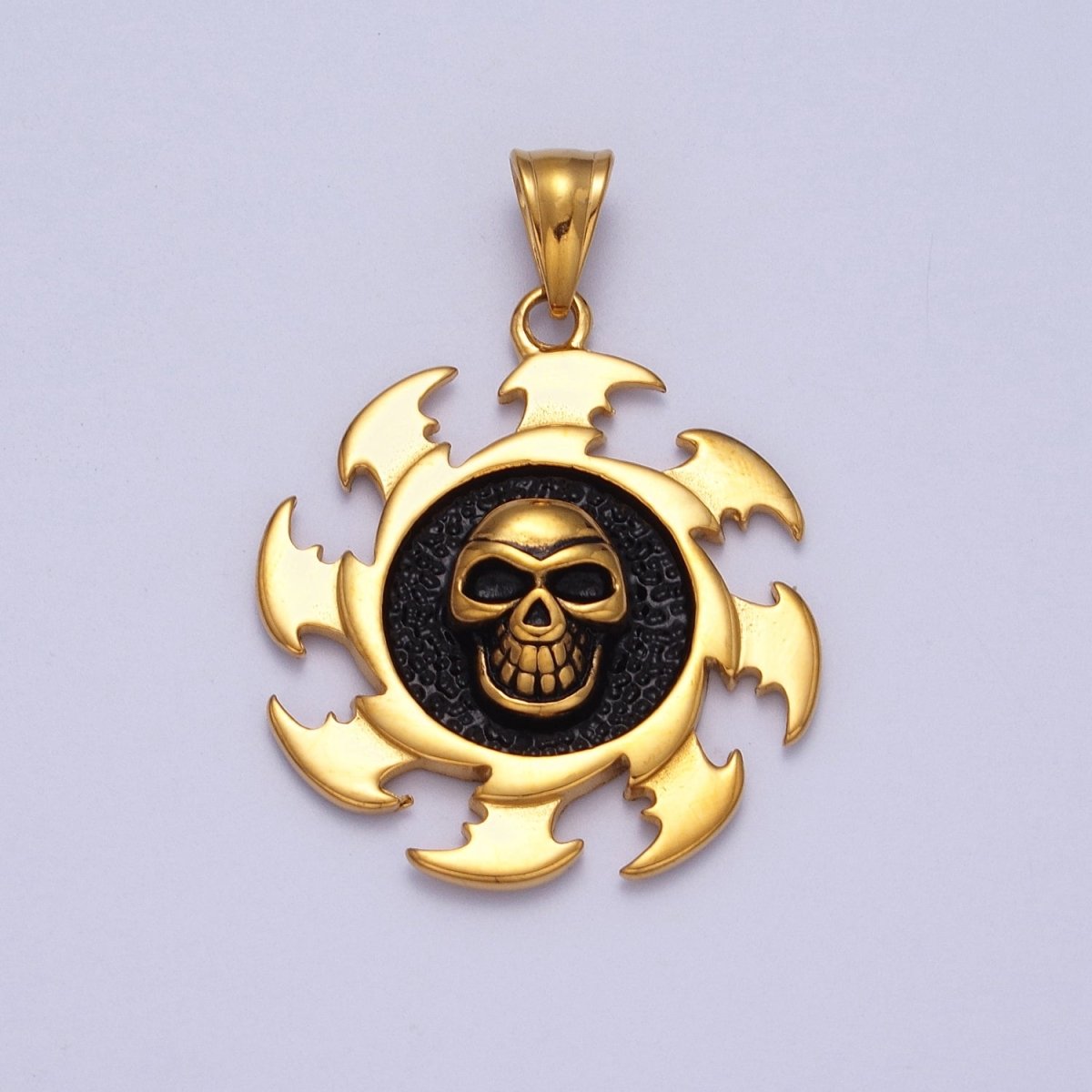 Stainless Steel Black Skull Skeleton Crusher Round Pendant in Gold & Silver J-097 X-659
