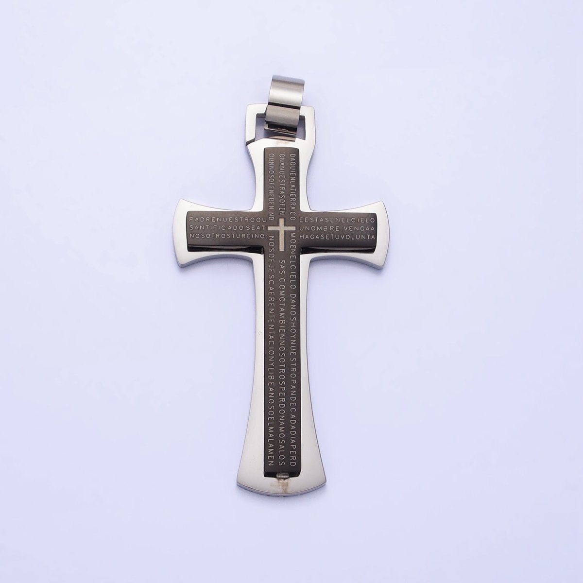 Stainless Steel Blue, Black, White Religious Curved Pattee Cross Lord's Prayer Engraved Script Pendant | P-1152
