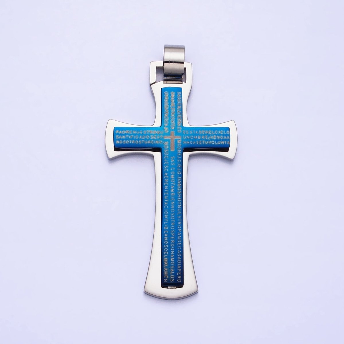 Stainless Steel Blue, Black, White Religious Curved Pattee Cross Lord's Prayer Engraved Script Pendant | P-1152
