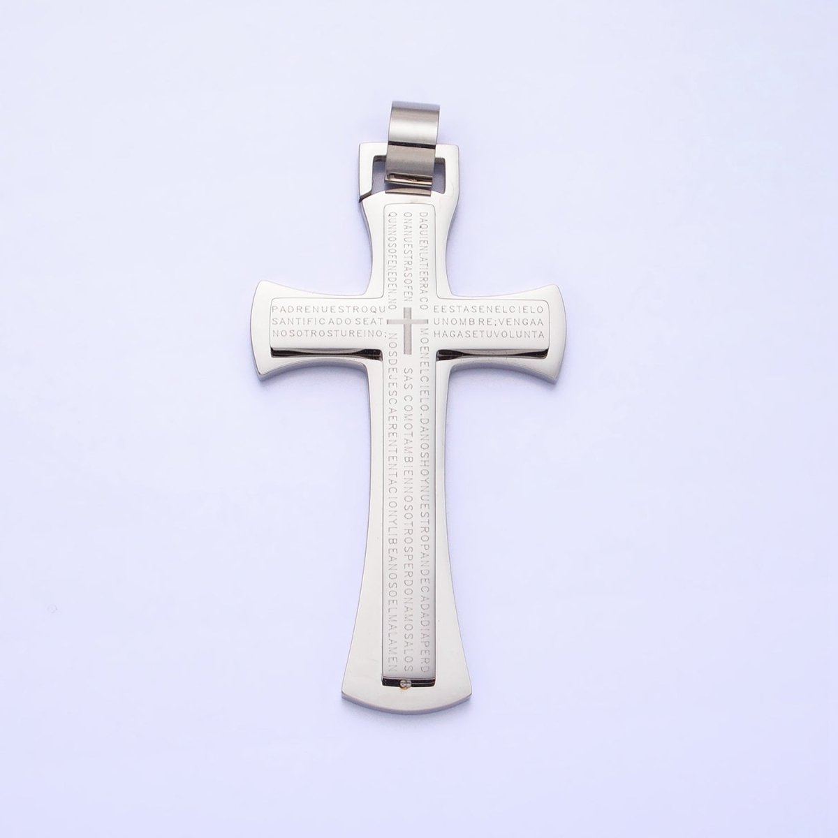 Stainless Steel Blue, Black, White Religious Curved Pattee Cross Lord's Prayer Engraved Script Pendant | P-1152