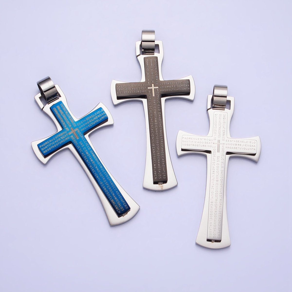 Stainless Steel Blue, Black, White Religious Curved Pattee Cross Lord's Prayer Engraved Script Pendant | P-1152