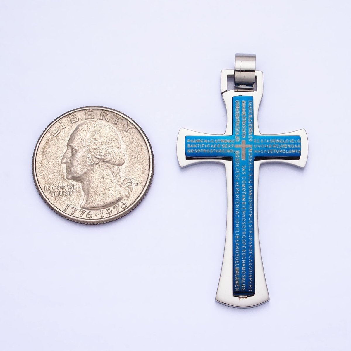 Stainless Steel Blue, Black, White Religious Curved Pattee Cross Lord's Prayer Engraved Script Pendant | P-1152