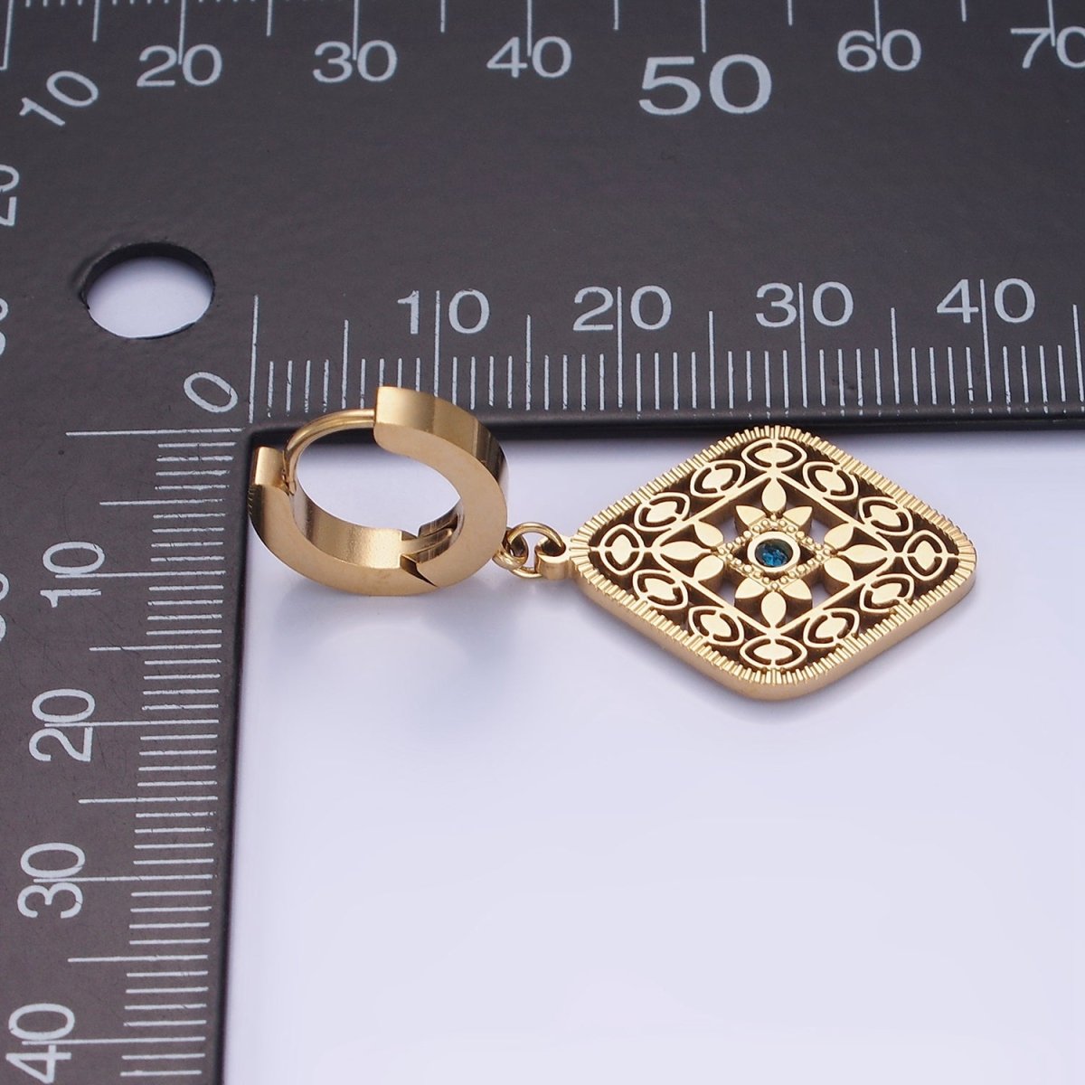 Stainless Steel Blue CZ Flower Filigree Rhombus Drop Huggie Earrings in Gold & Silver | AE477 AE478