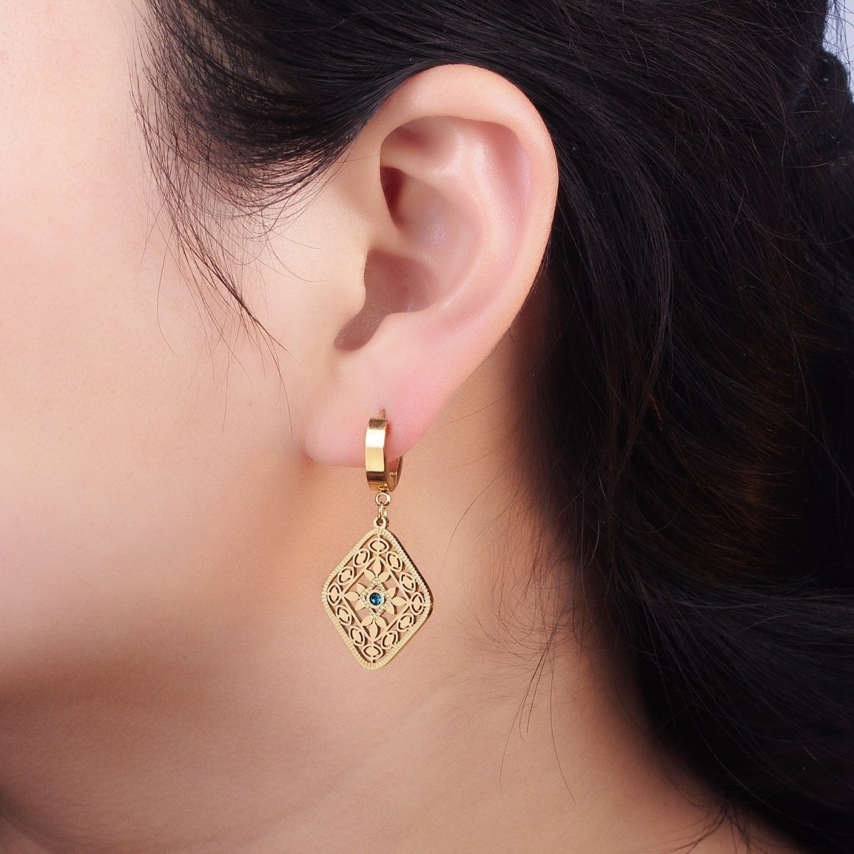 Stainless Steel Blue CZ Flower Filigree Rhombus Drop Huggie Earrings in Gold & Silver | AE477 AE478