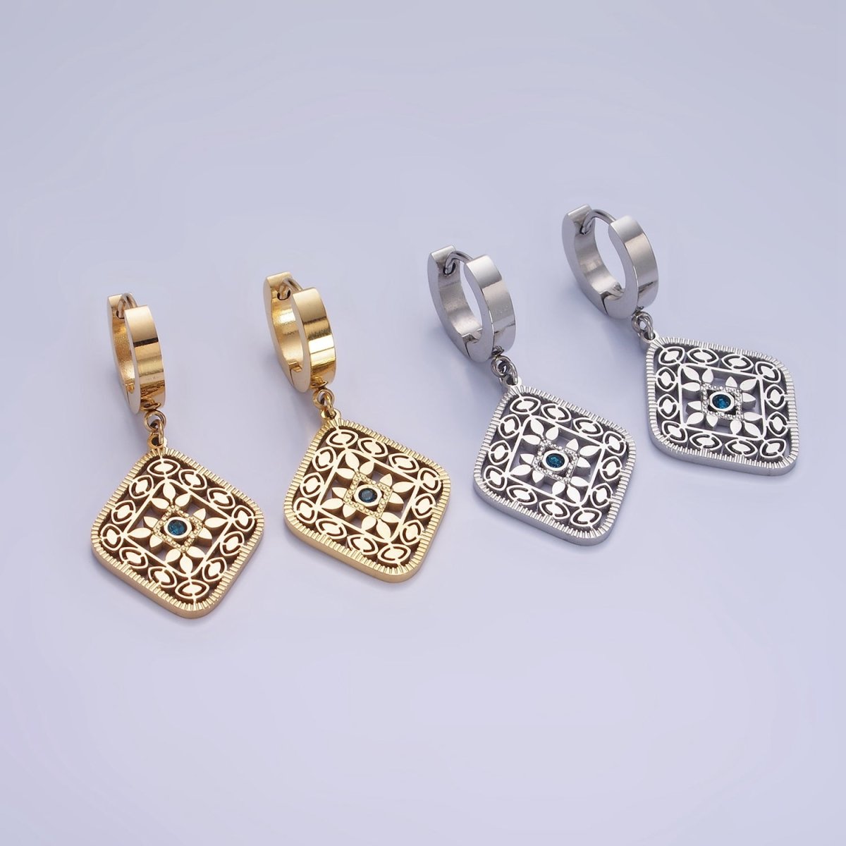 Stainless Steel Blue CZ Flower Filigree Rhombus Drop Huggie Earrings in Gold & Silver | AE477 AE478