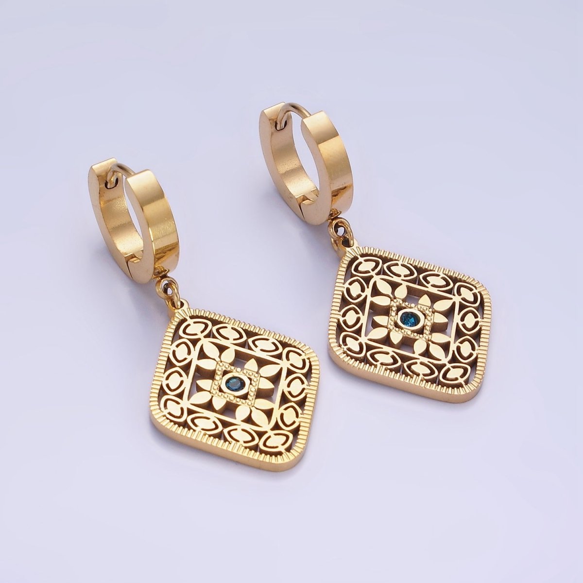 Stainless Steel Blue CZ Flower Filigree Rhombus Drop Huggie Earrings in Gold & Silver | AE477 AE478