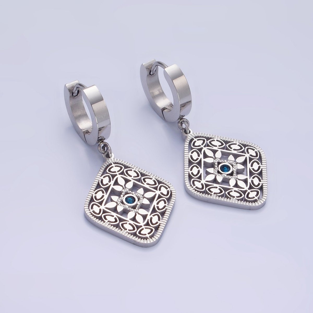 Stainless Steel Blue CZ Flower Filigree Rhombus Drop Huggie Earrings in Gold & Silver | AE477 AE478