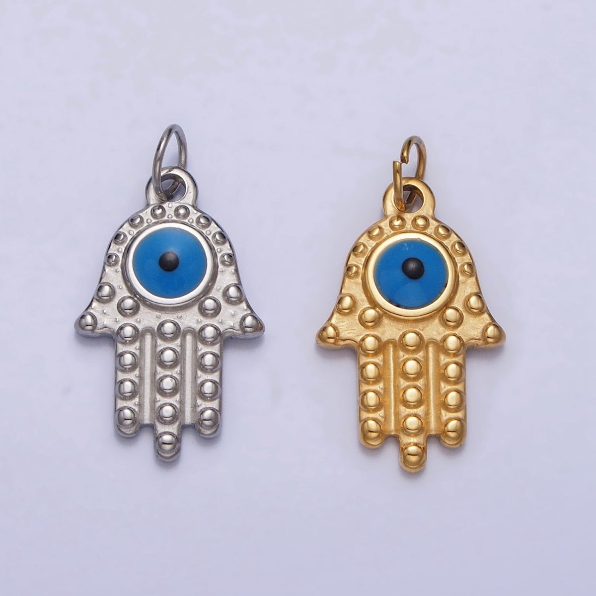 Stainless Steel Blue Evil Eye Dotted Hamsa Hand Charm in Gold & Silver | P-1230