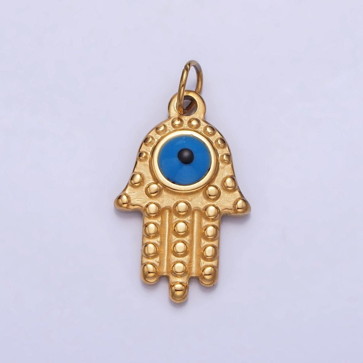 Stainless Steel Blue Evil Eye Dotted Hamsa Hand Charm in Gold & Silver | P-1230
