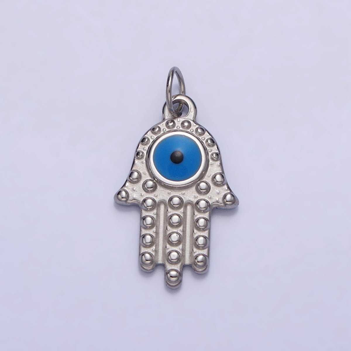Stainless Steel Blue Evil Eye Dotted Hamsa Hand Charm in Gold & Silver | P-1230