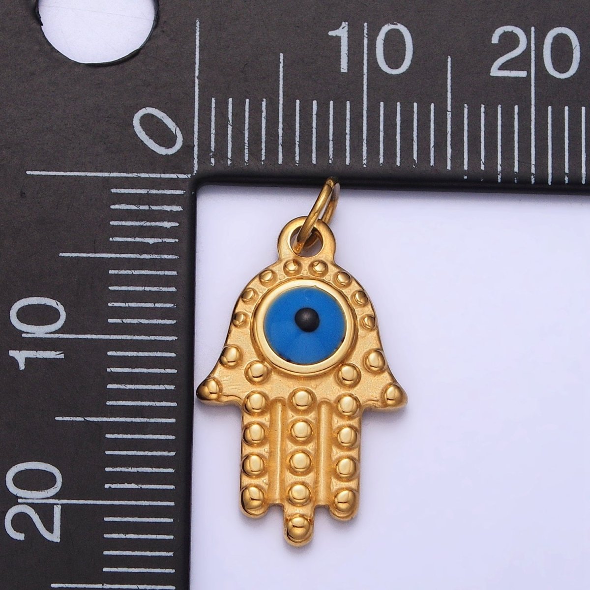 Stainless Steel Blue Evil Eye Dotted Hamsa Hand Charm in Gold & Silver | P-1230