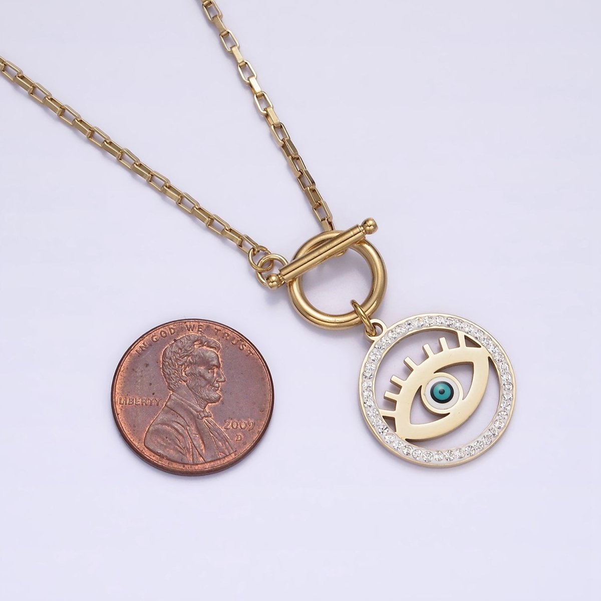 Stainless Steel Blue Evil Eye Open Clear Micro Paved CZ Toggle Clasps Rectangular Box 18 Inch Chain Necklace | WA-2063 Clearance Pricing