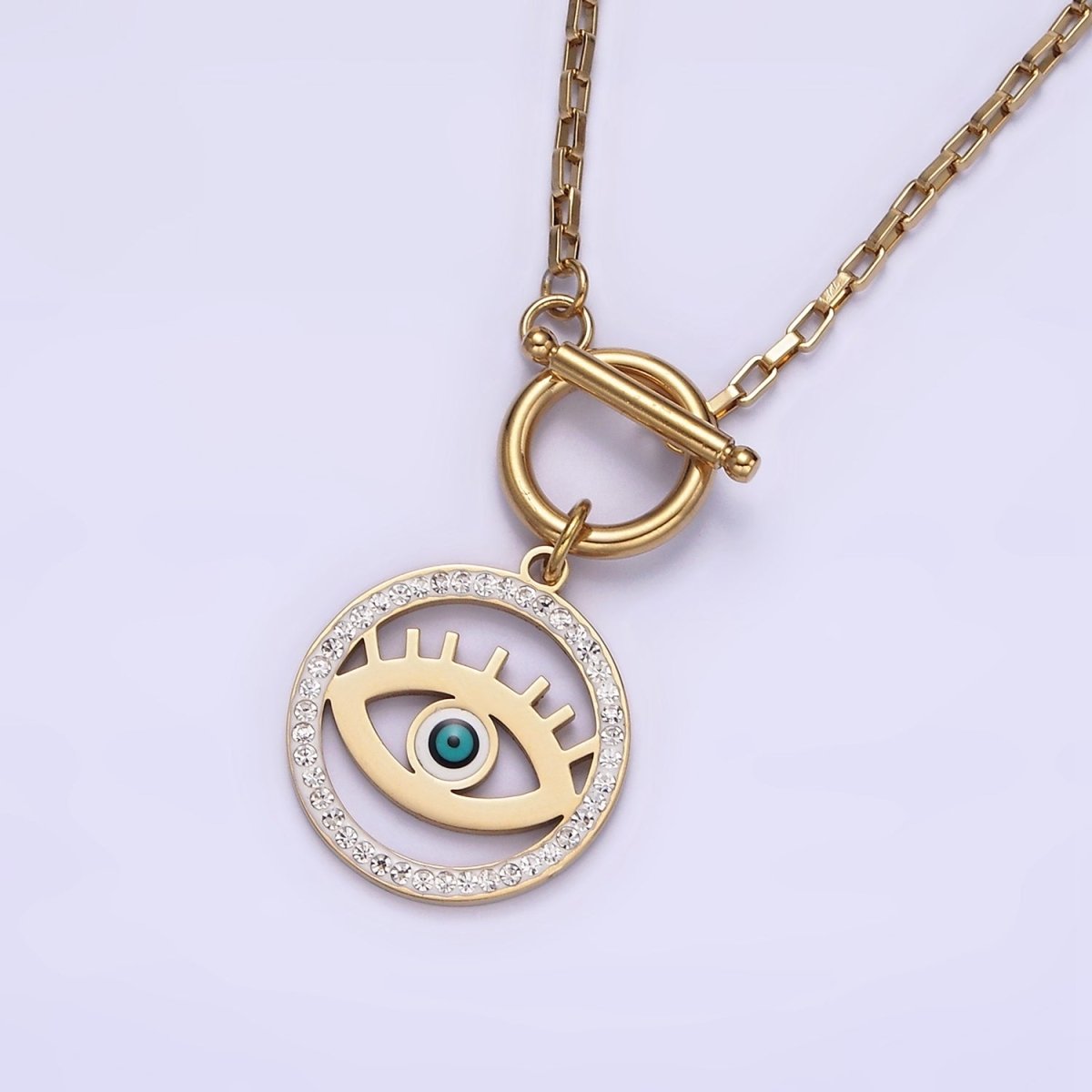 Stainless Steel Blue Evil Eye Open Clear Micro Paved CZ Toggle Clasps Rectangular Box 18 Inch Chain Necklace | WA-2063 Clearance Pricing