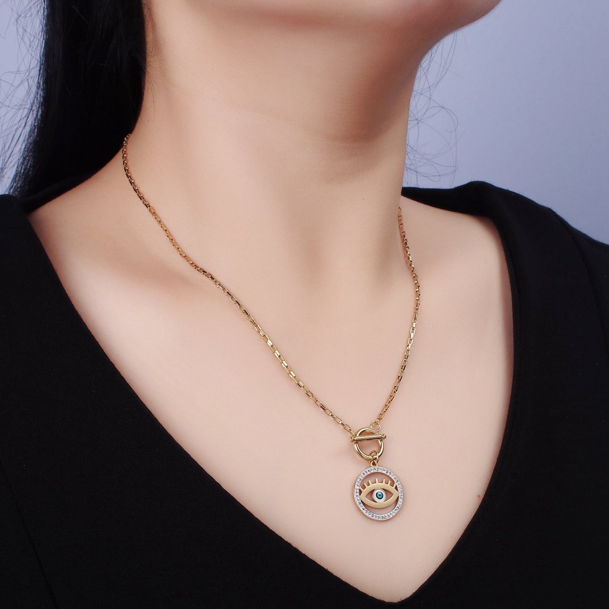 Stainless Steel Blue Evil Eye Open Clear Micro Paved CZ Toggle Clasps Rectangular Box 18 Inch Chain Necklace | WA-2063 Clearance Pricing