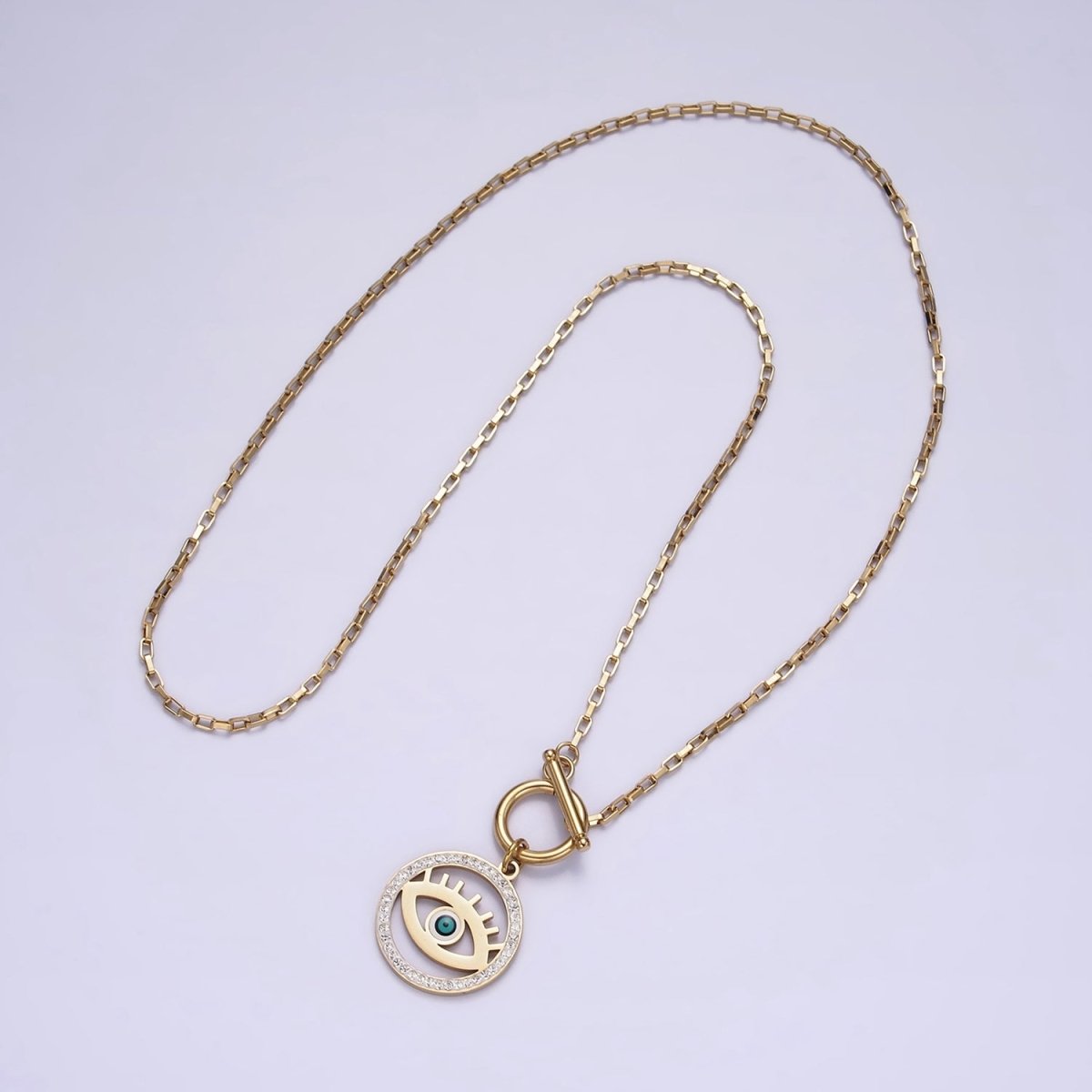 Stainless Steel Blue Evil Eye Open Clear Micro Paved CZ Toggle Clasps Rectangular Box 18 Inch Chain Necklace | WA-2063 Clearance Pricing