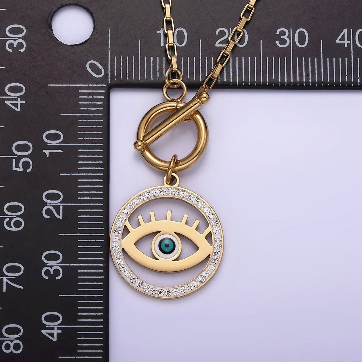 Stainless Steel Blue Evil Eye Open Clear Micro Paved CZ Toggle Clasps Rectangular Box 18 Inch Chain Necklace | WA-2063 Clearance Pricing