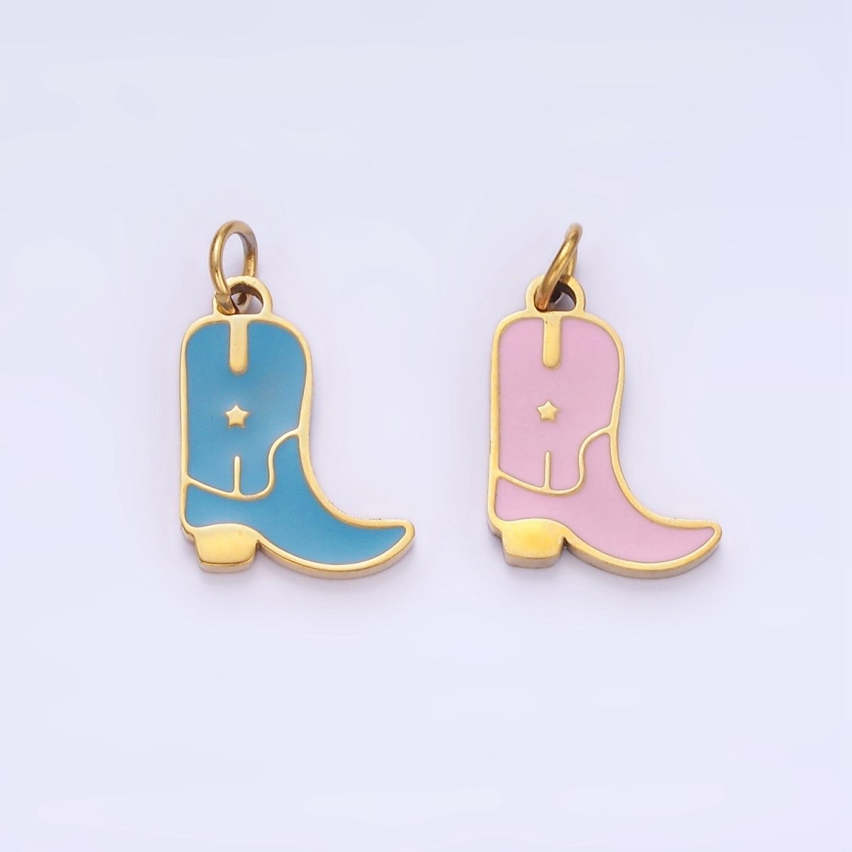 Stainless Steel Blue, Pink Enamel Star Cowboy Boots Shoes Charm | P959