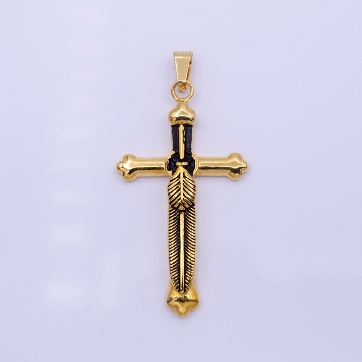 Stainless Steel Budded Buttony Feather 66mm Cross in Mixed Metal & Gold