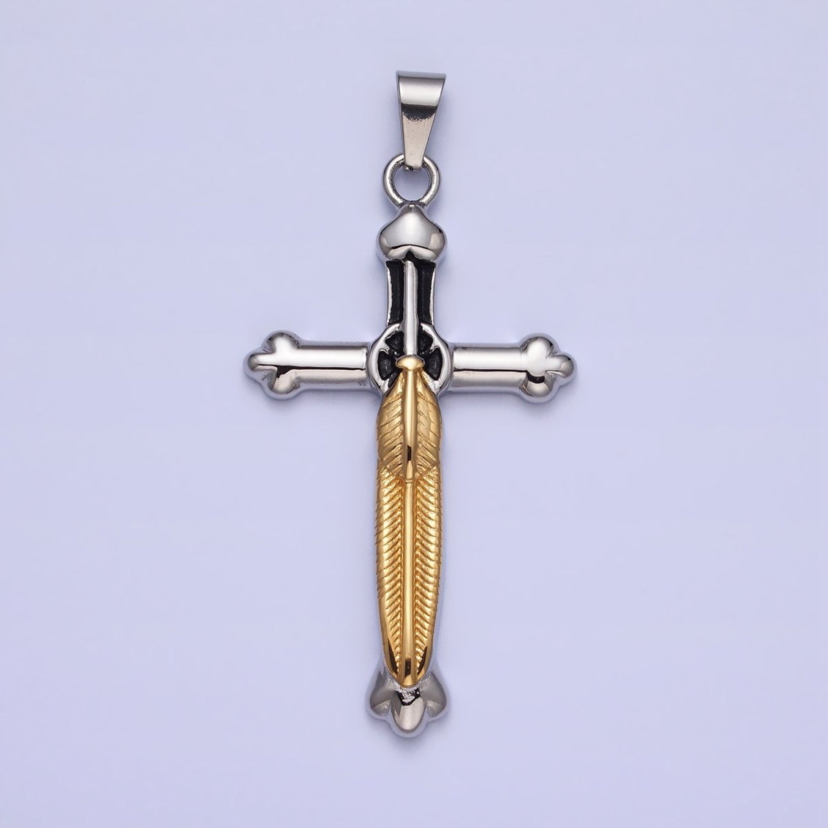 Stainless Steel Budded Buttony Feather 66mm Cross in Mixed Metal & Gold
