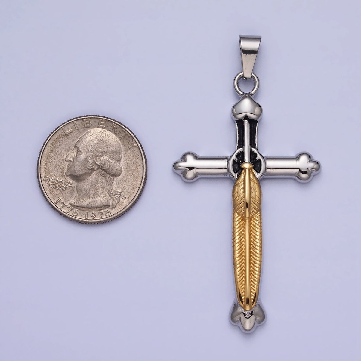 Stainless Steel Budded Buttony Feather 66mm Cross in Mixed Metal & Gold