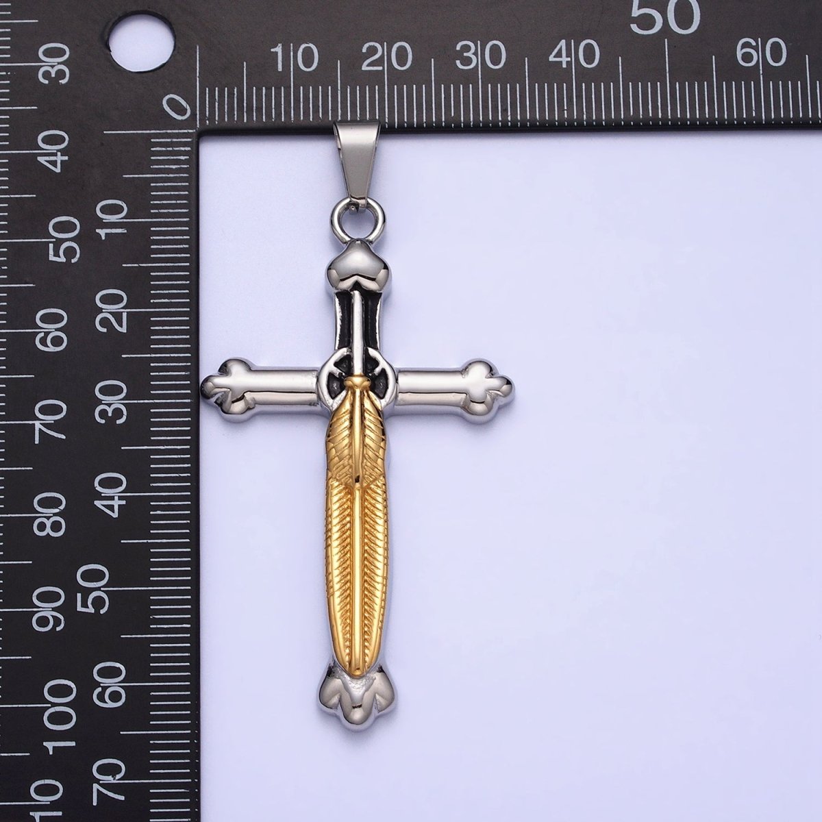 Stainless Steel Budded Buttony Feather 66mm Cross in Mixed Metal & Gold