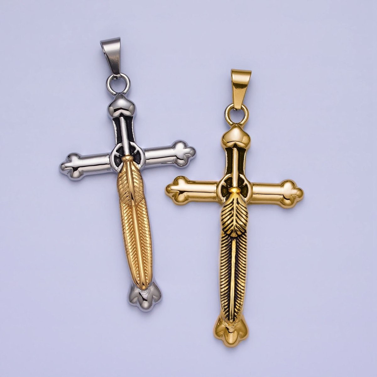 Stainless Steel Budded Buttony Feather 66mm Cross in Mixed Metal & Gold