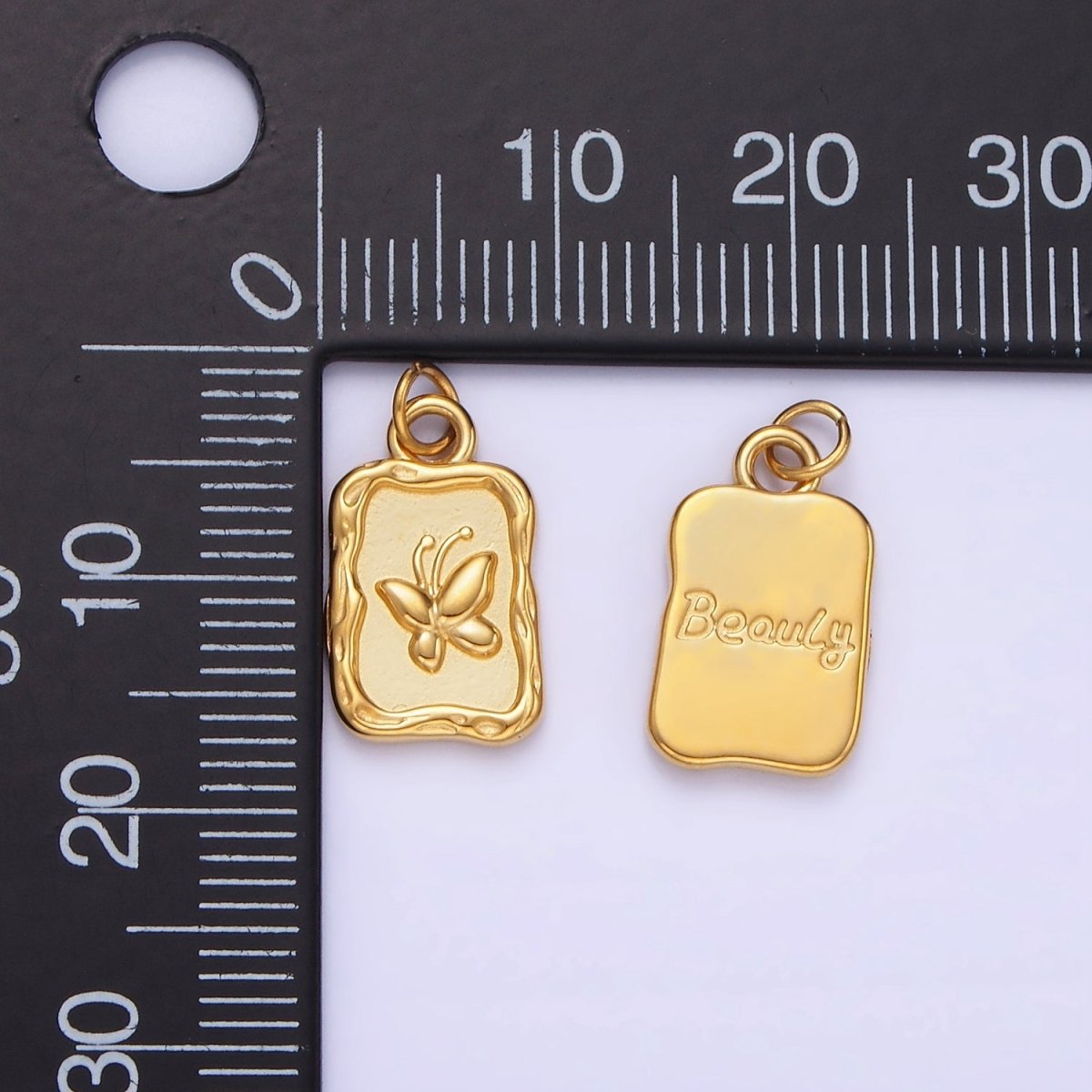 Stainless Steel Butterfly "Beauty" Script Rectangular Stamped Charm | P964 - DLUXCA