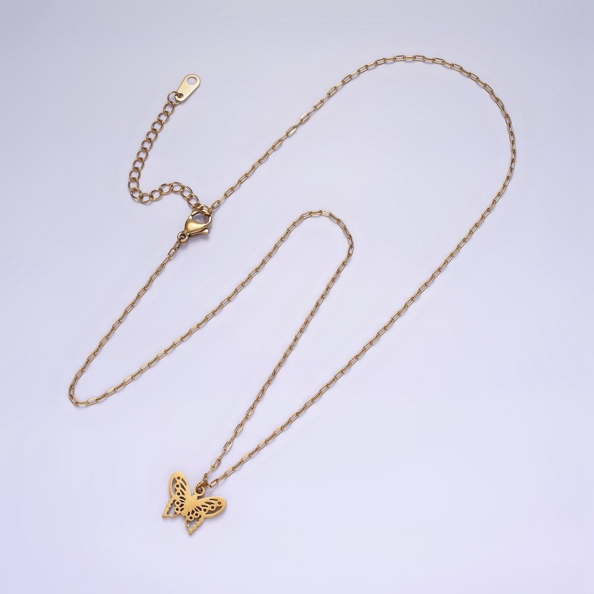 Stainless Steel Butterfly Open Wings Charm 17 Inch Paperclip Chain Necklace | WA-2080 Clearance Pricing - DLUXCA