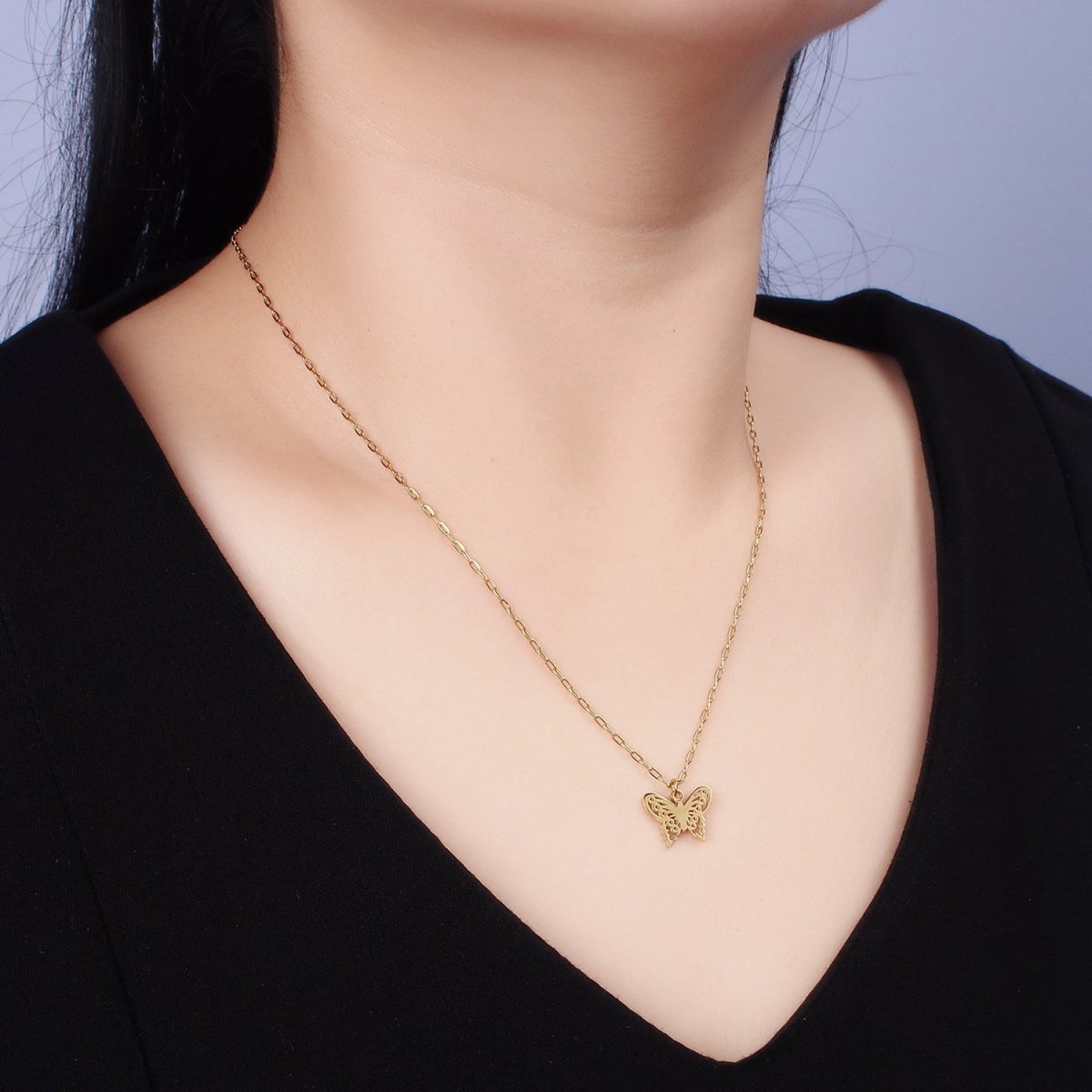 Stainless Steel Butterfly Open Wings Charm 17 Inch Paperclip Chain Necklace | WA-2080 Clearance Pricing - DLUXCA