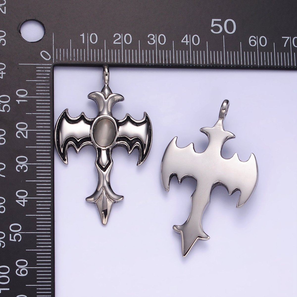 Stainless Steel Cats Eye Bat Wings Fleur Religious Cross Oxidized Silver Charm | P945 - DLUXCA