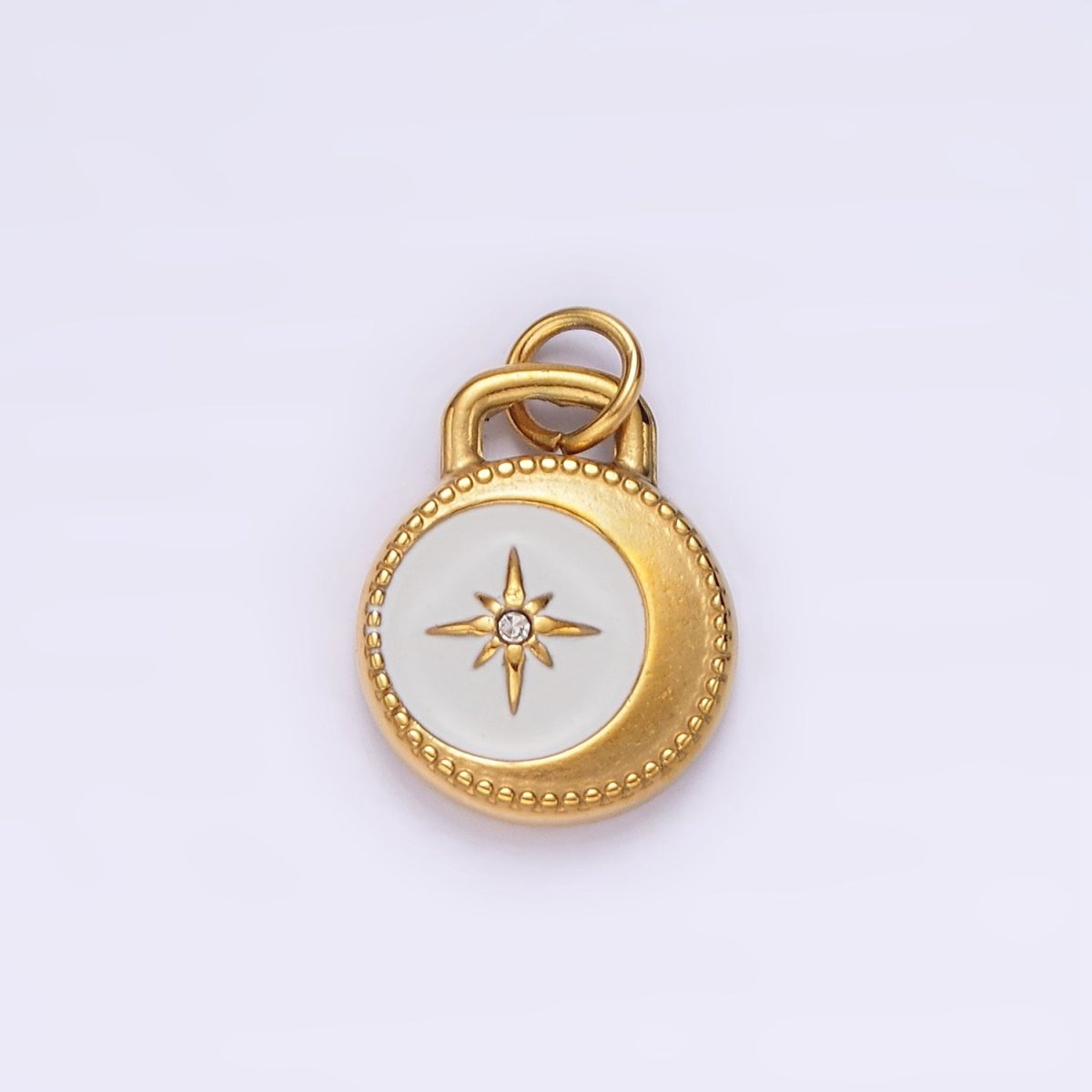 Stainless Steel Celestial Crescent Moon Star CZ White Enamel Round Charm in Gold & Silver | P1260
