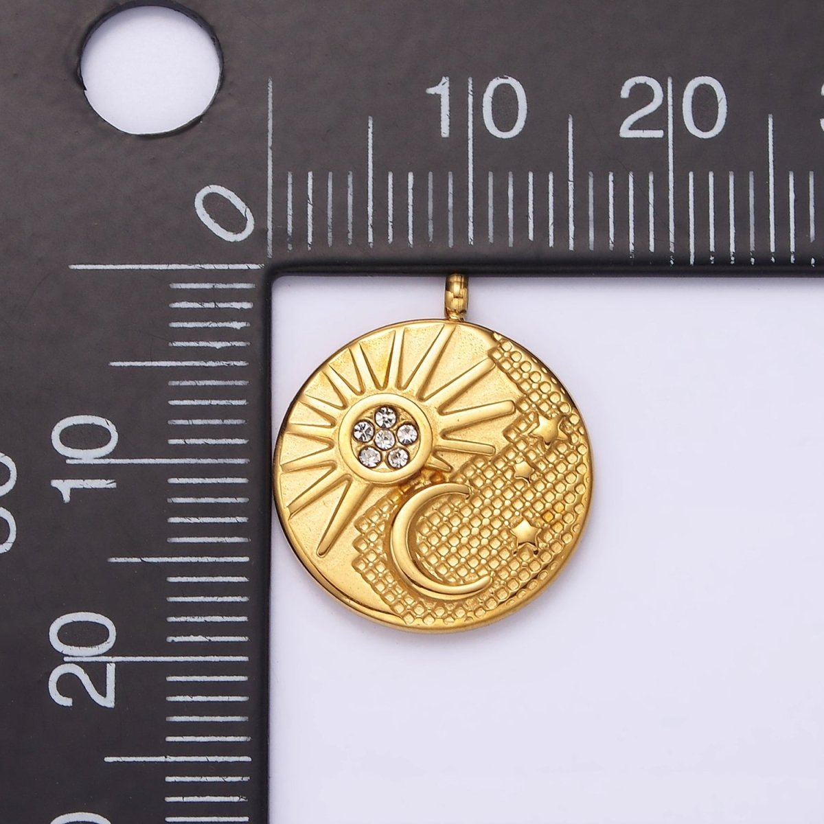 Stainless Steel Celestial Sun Crescent Moon Dotted Micro Paved CZ Double Sided Round Charm | P-648