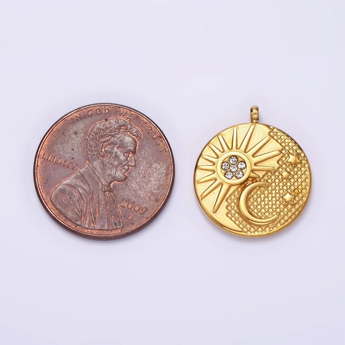 Stainless Steel Celestial Sun Crescent Moon Dotted Micro Paved CZ Double Sided Round Charm | P-648