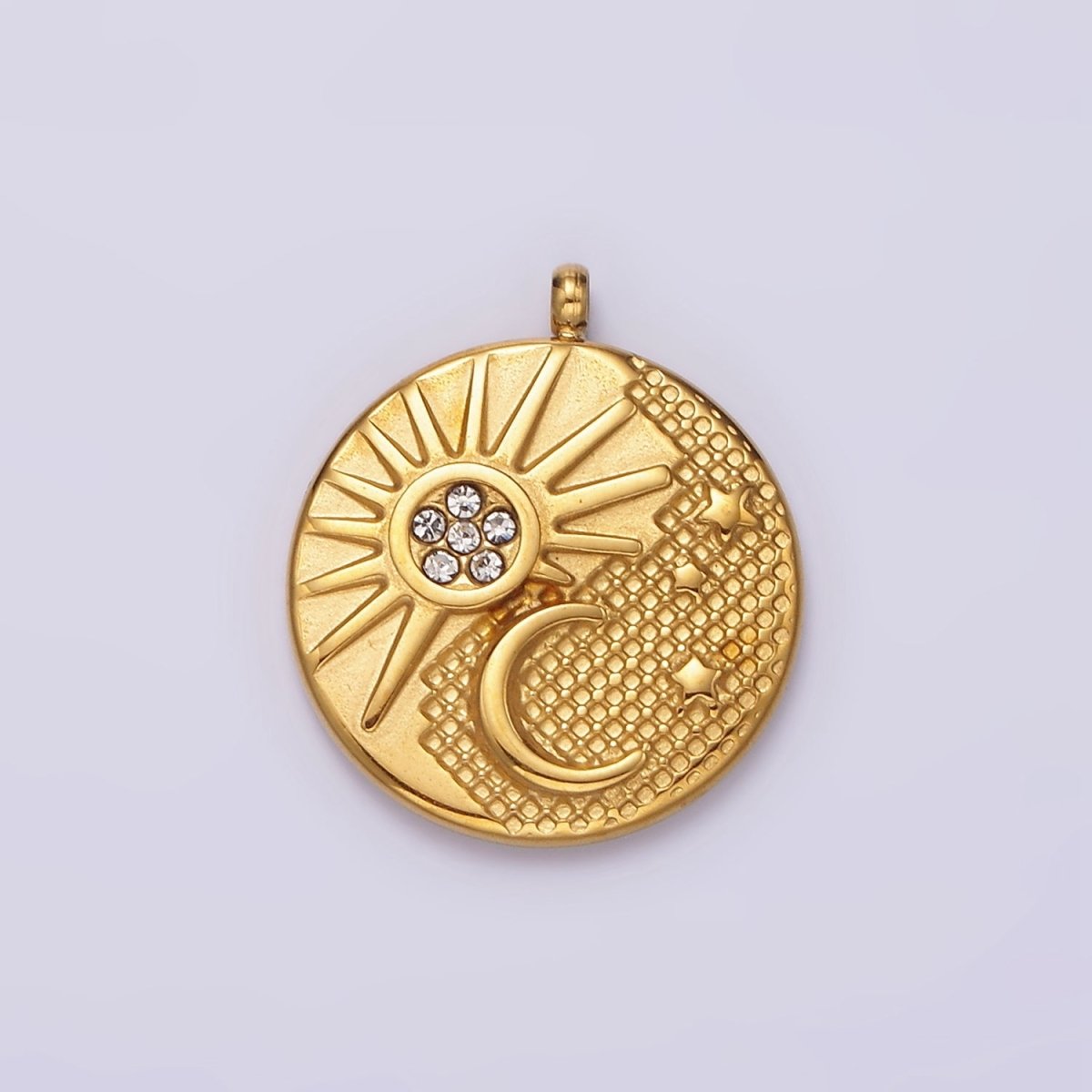 Stainless Steel Celestial Sun Crescent Moon Dotted Micro Paved CZ Double Sided Round Charm | P-648