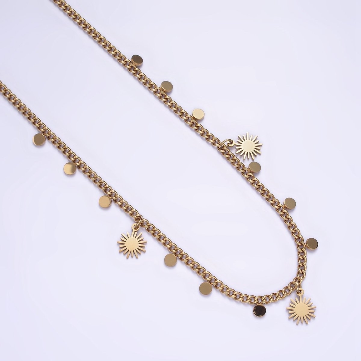 Stainless Steel Celestial Sun Disc 17 Inch Curb Chain Necklace | WA-2078 Clearance Pricing - DLUXCA