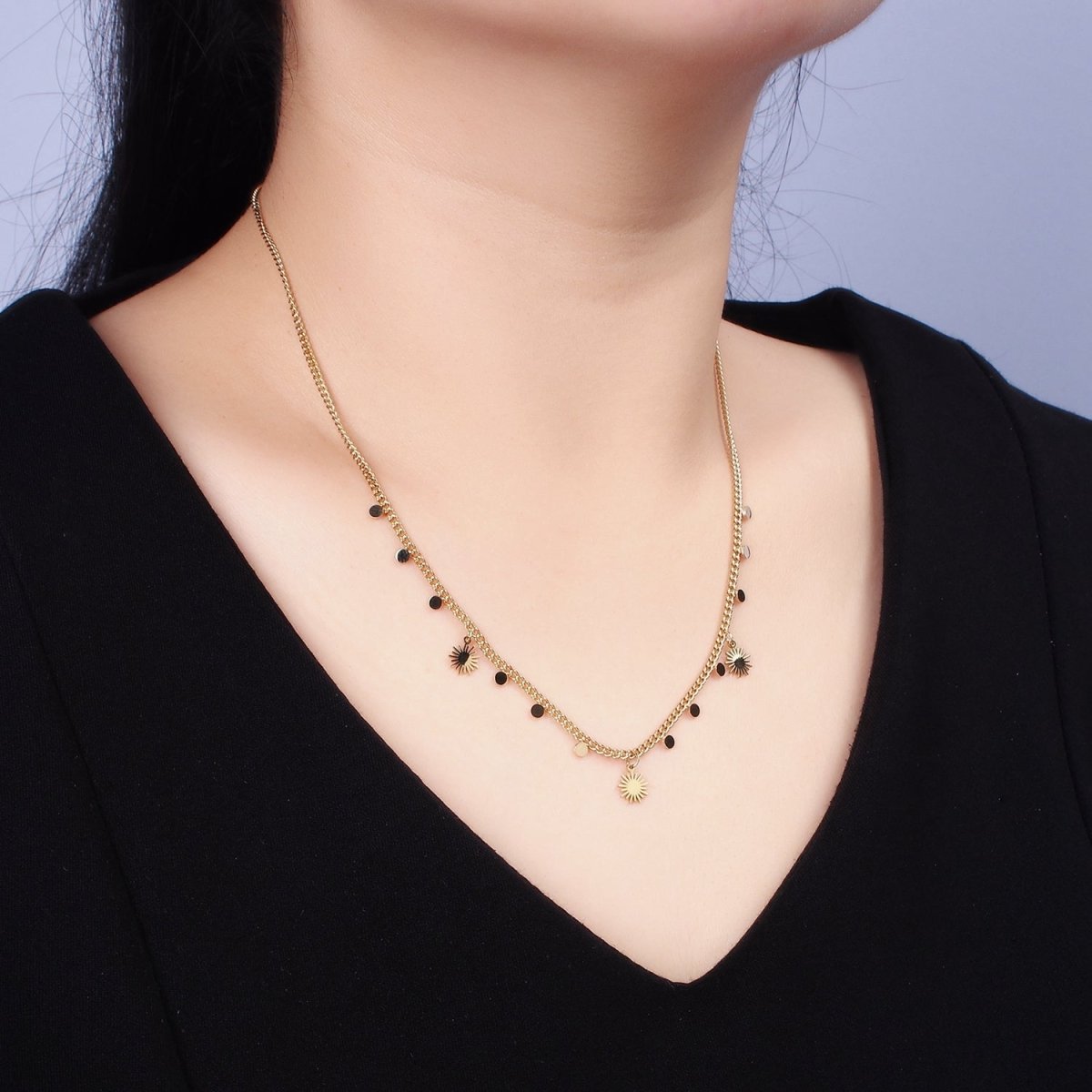 Stainless Steel Celestial Sun Disc 17 Inch Curb Chain Necklace | WA-2078 Clearance Pricing - DLUXCA