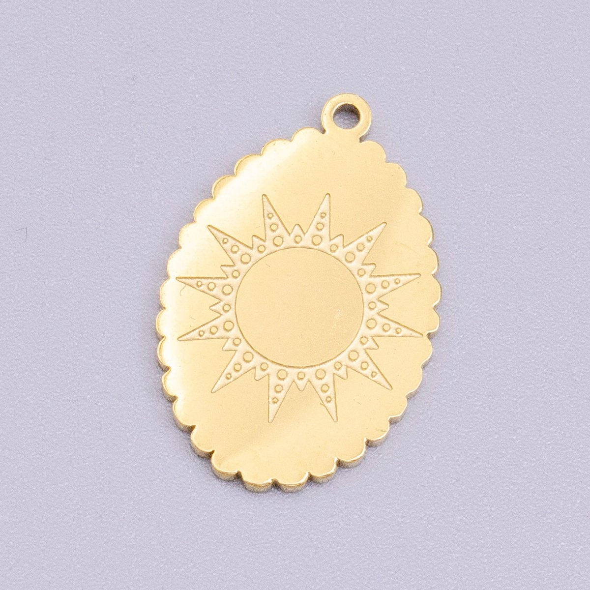 Stainless Steel Celestial Sun Engraved Rounded Oval Charm in Gold & Silver | P-914