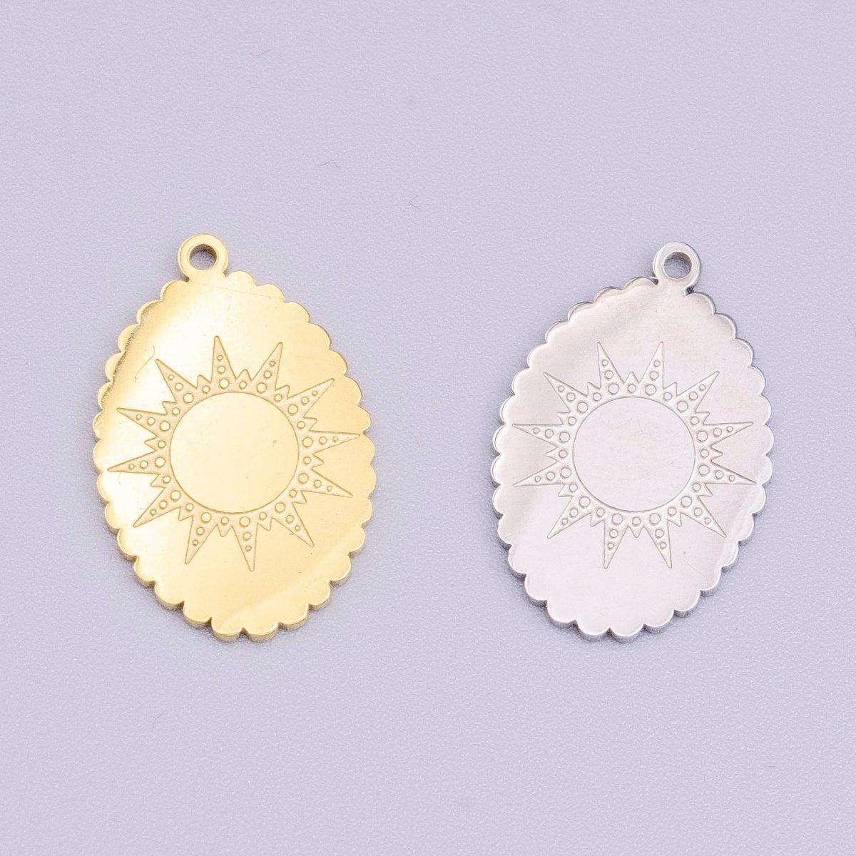 Stainless Steel Celestial Sun Engraved Rounded Oval Charm in Gold & Silver | P-914