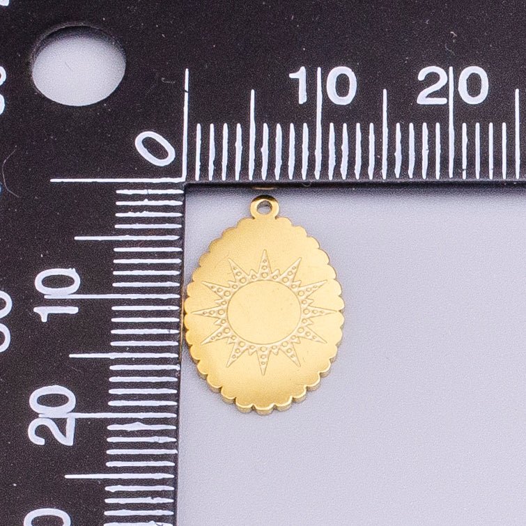 Stainless Steel Celestial Sun Engraved Rounded Oval Charm in Gold & Silver | P-914