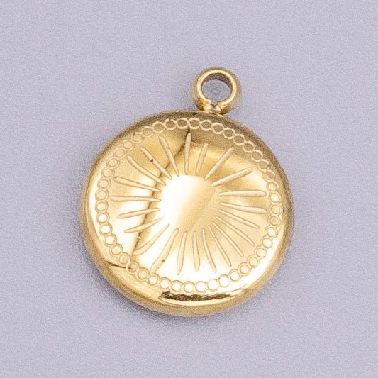 Stainless Steel Celestial Sun Ray Beam Line-Engraved Round Charm in Silver & Gold | P-913