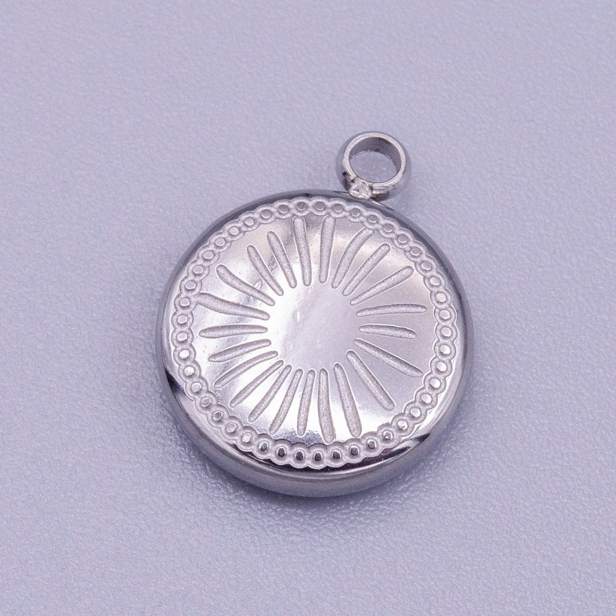 Stainless Steel Celestial Sun Ray Beam Line-Engraved Round Charm in Silver & Gold | P-913