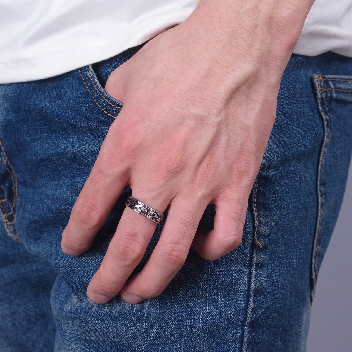 Stainless Steel Celtic Knot Chain Silver Band Biker Ring O-846 O-847