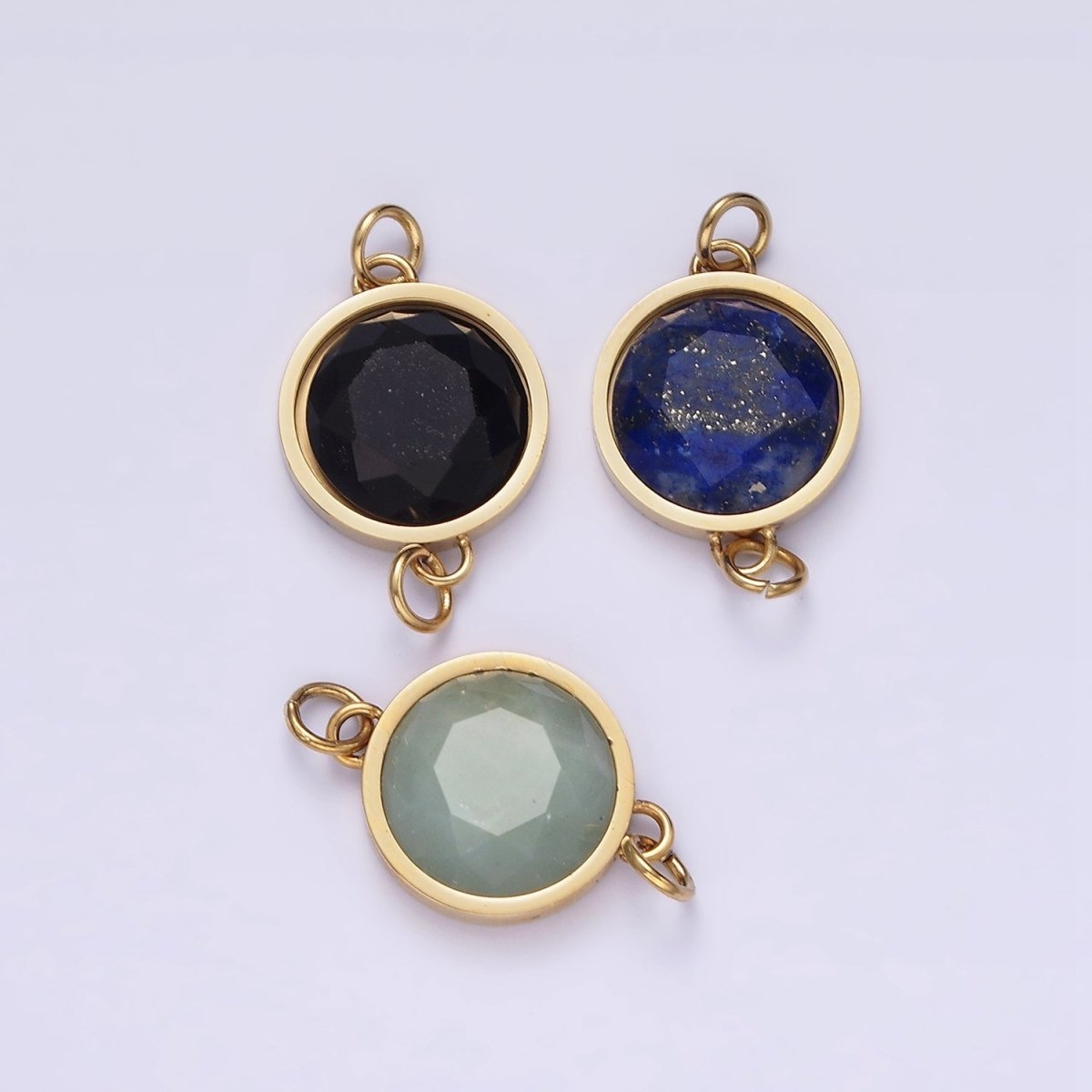 Stainless Steel Charm Connector Black Onyx, Blue Lapiz Multifaceted Round Bezel Link Connector | G713 G714